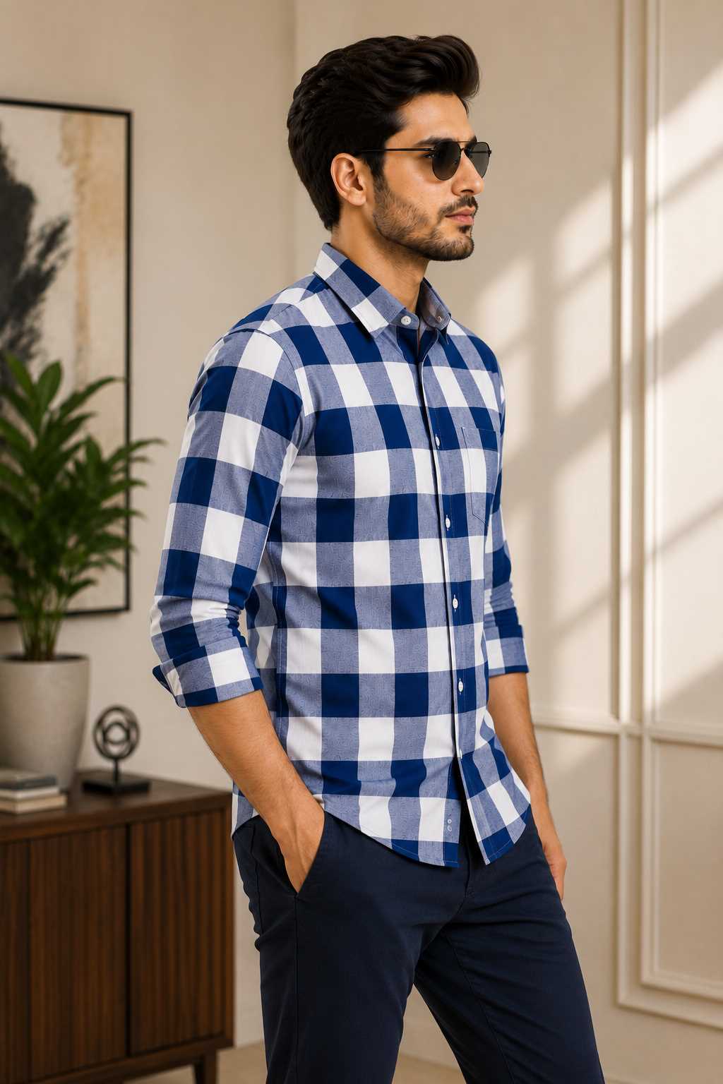 MONOFIT MENS FORMAL SHIRT NAVY WHITE CHECK