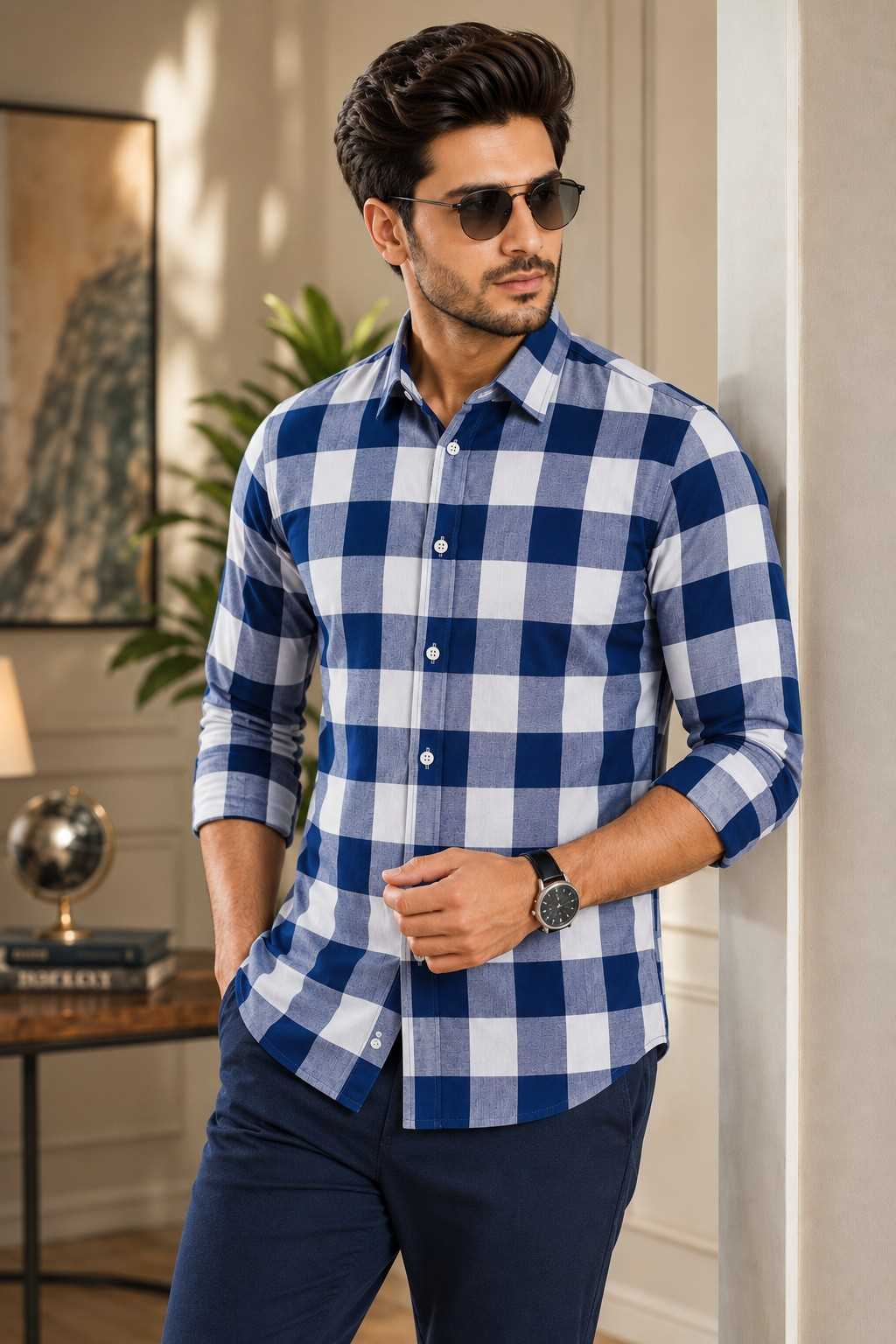 MONOFIT MENS FORMAL SHIRT NAVY WHITE CHECK