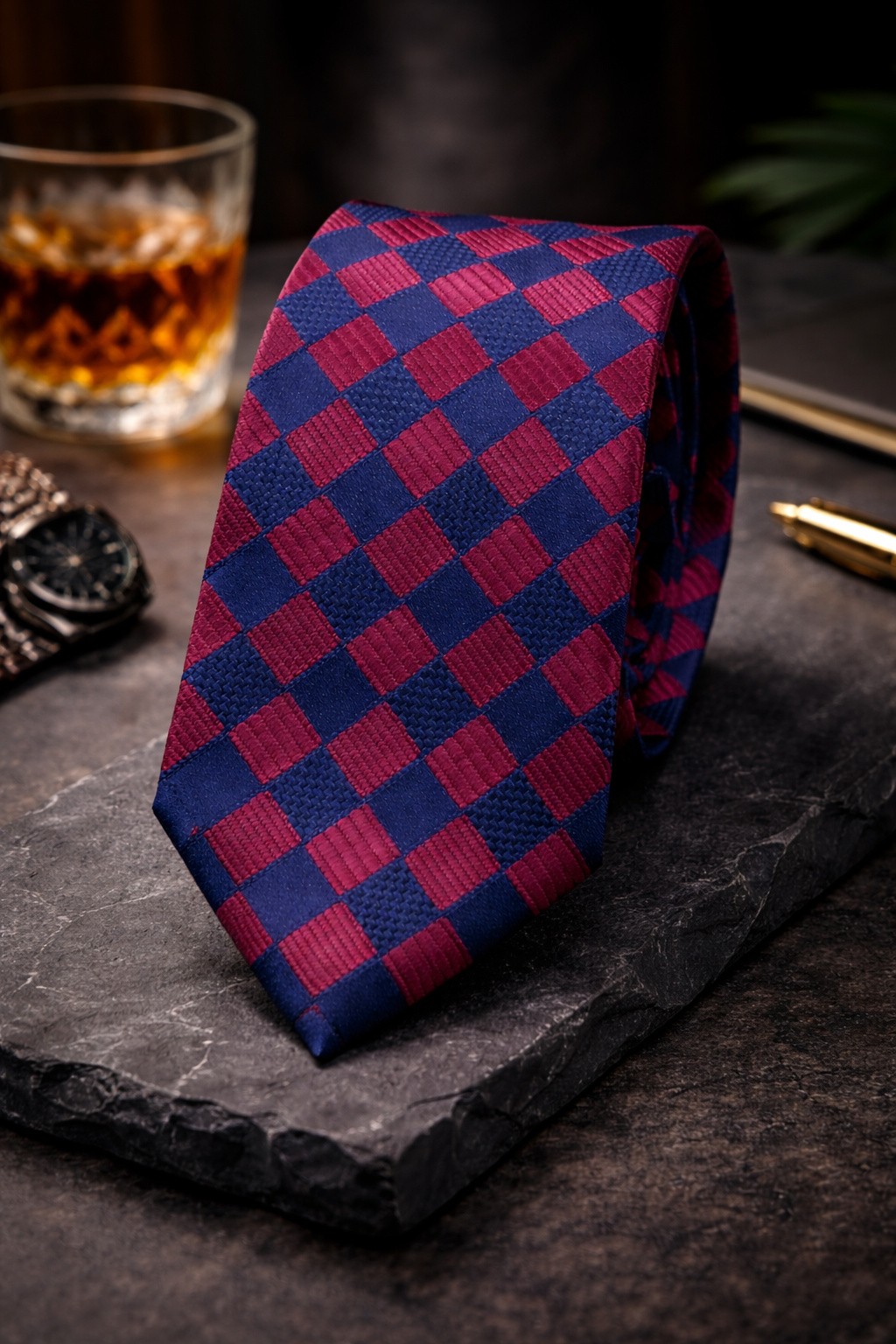 ONEFIT MENS TIE MAROON NAVY CHECK